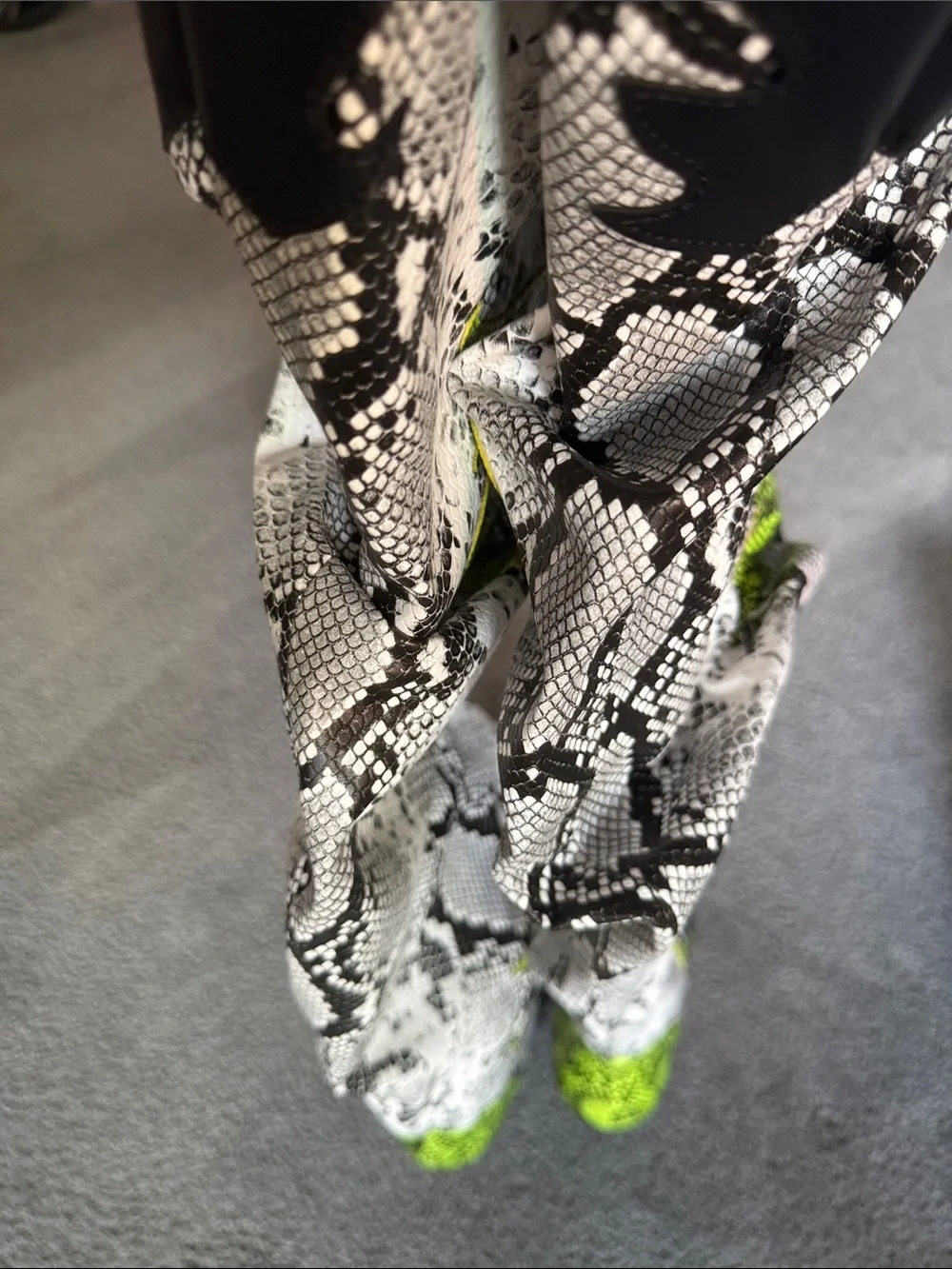 Slouch thigh high cowboy boots, white lime snake. 3.5” stacked Heel. Size 7.5